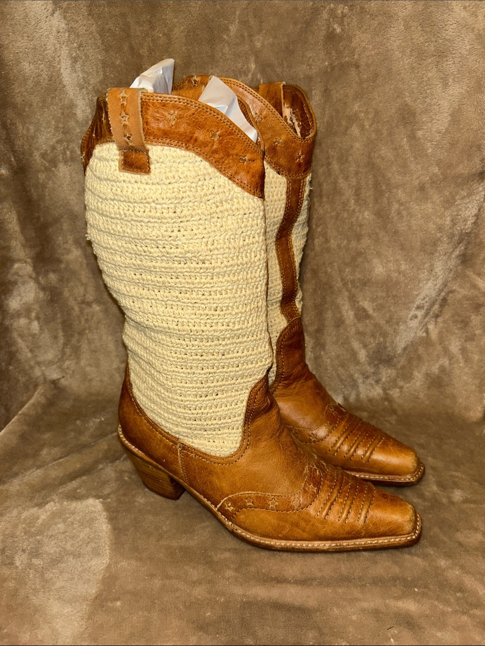 AWOL Tan Leather Cream Crochet Snip Toe Boho Western Coastal Cowgirl Boots 8.5 - Picture 3 of 16
